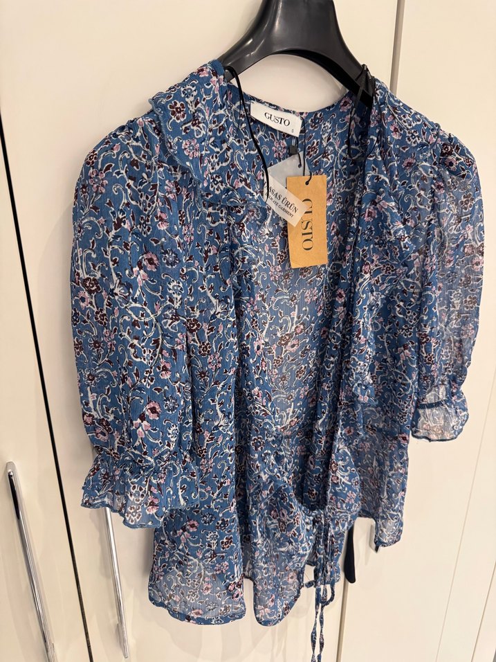 Kısa Kollu, Belden Bağlamalı Bohem Bluz - Görsel 3