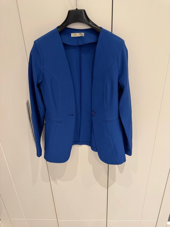 Düğmeli Kısa Mavi Kadın Blazer Ceket - Görsel 2