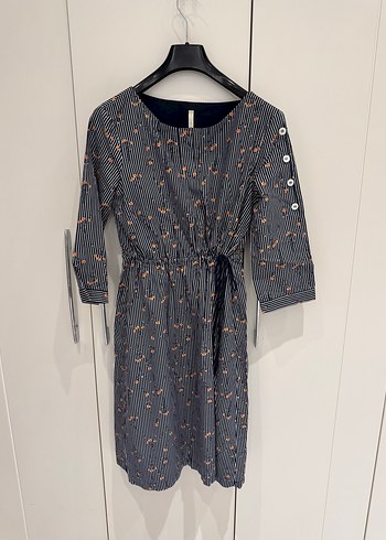 Düğmeli Gri Uzun Kol Pamuk Elbise - Görsel 2