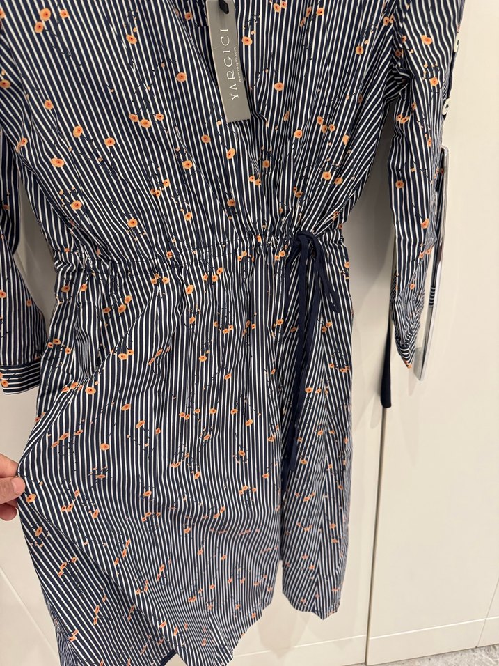 Düğmeli Gri Uzun Kol Pamuk Elbise - Görsel 3