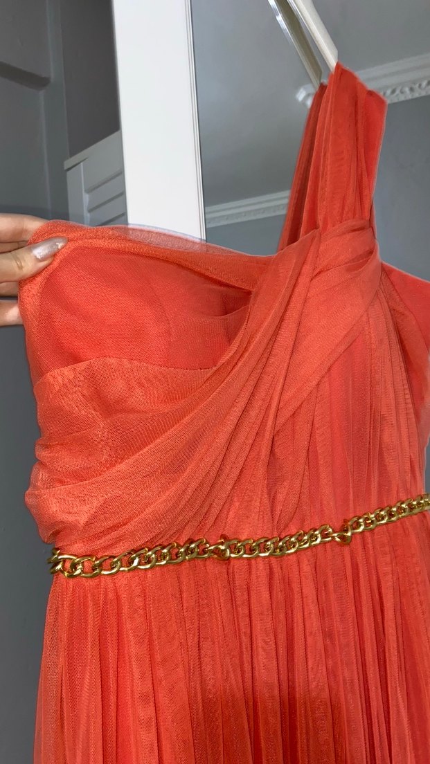 Nar rengiDrapeli Uzun Abiye Elbise - Görsel 3