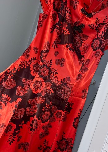 Drapeli Kırmızı Vintage Uzun Abiye Elbise - Görsel 3