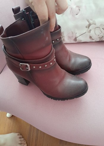 Kahverengi Deri Tokalı Yüksek Topuklu Biker Bot - Görsel 4