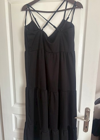 Siyah Uzun Askılı V Yaka Fırfırlı Elbise - Görsel 7