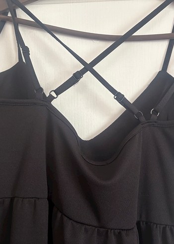 Siyah Uzun Askılı V Yaka Fırfırlı Elbise - Görsel 6