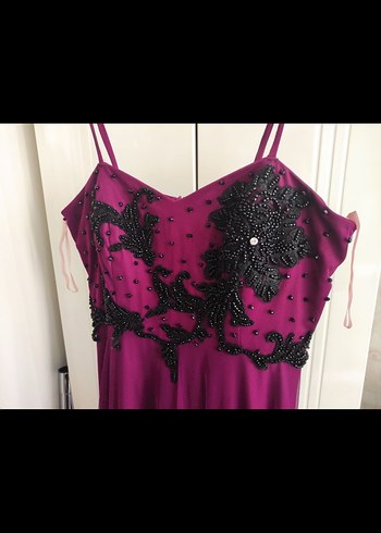 Mor Straplez İşlemeli Uzun Abiye Elbise - Görsel 4