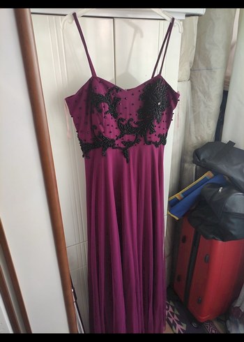 Mor Straplez İşlemeli Uzun Abiye Elbise - Görsel 5