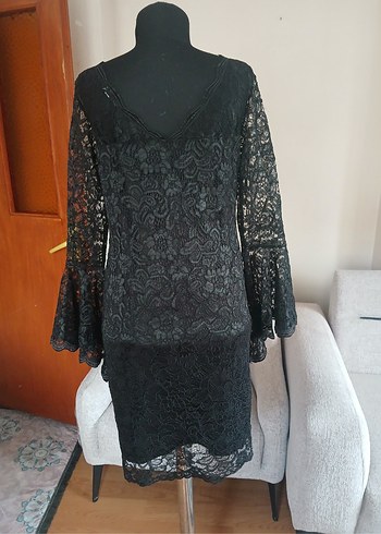 Uzun Kollu Siyah Dantel Midi Elbise - Görsel 6