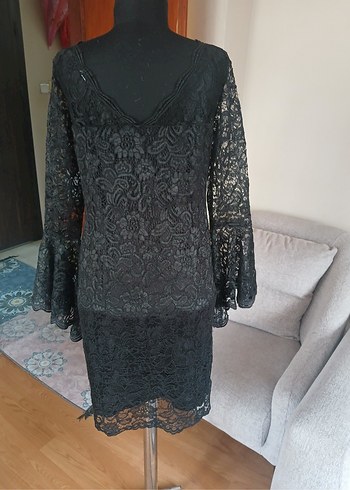 Uzun Kollu Siyah Dantel Midi Elbise - Görsel 8