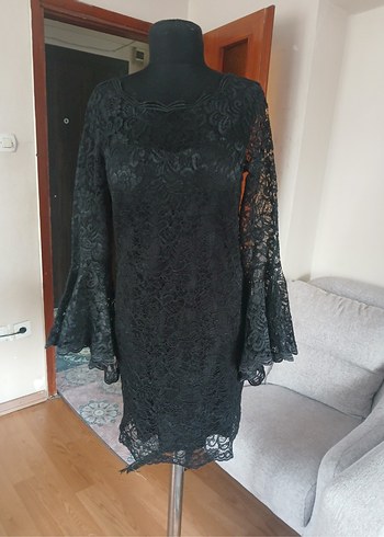 Uzun Kollu Siyah Dantel Midi Elbise - Görsel 12