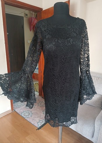 Uzun Kollu Siyah Dantel Midi Elbise - Görsel 11