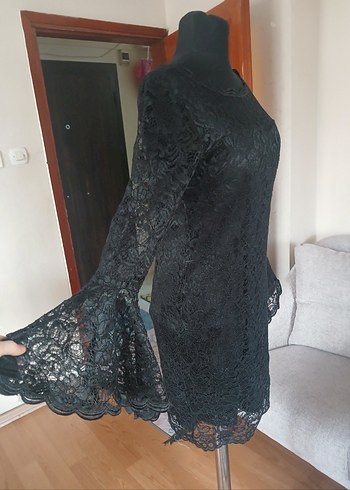 Uzun Kollu Siyah Dantel Midi Elbise - Görsel 9