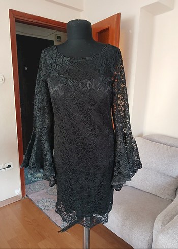 Uzun Kollu Siyah Dantel Midi Elbise - Görsel 15