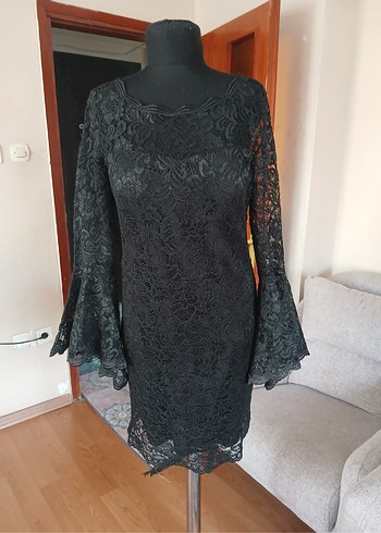 Uzun Kollu Siyah Dantel Midi Elbise - Görsel 16