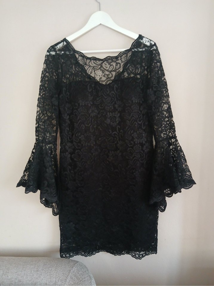 Uzun Kollu Siyah Dantel Midi Elbise - Görsel 2