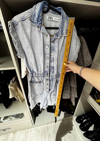 m Beden Gri Batik Desenli Düğmeli Kot tulum