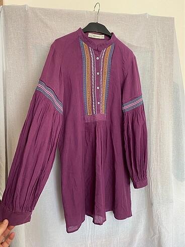 m Beden mor Renk Zara Mor Keten Tunik Etnik Desenli M