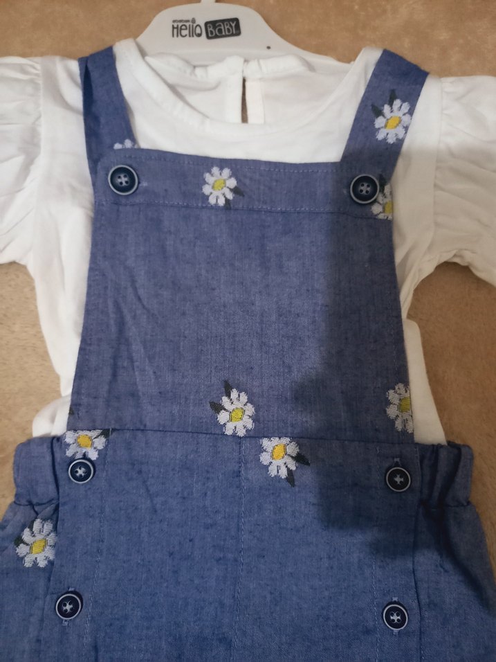 Nakışlı Mavi Kız Kot Şort Tulum - Görsel 2