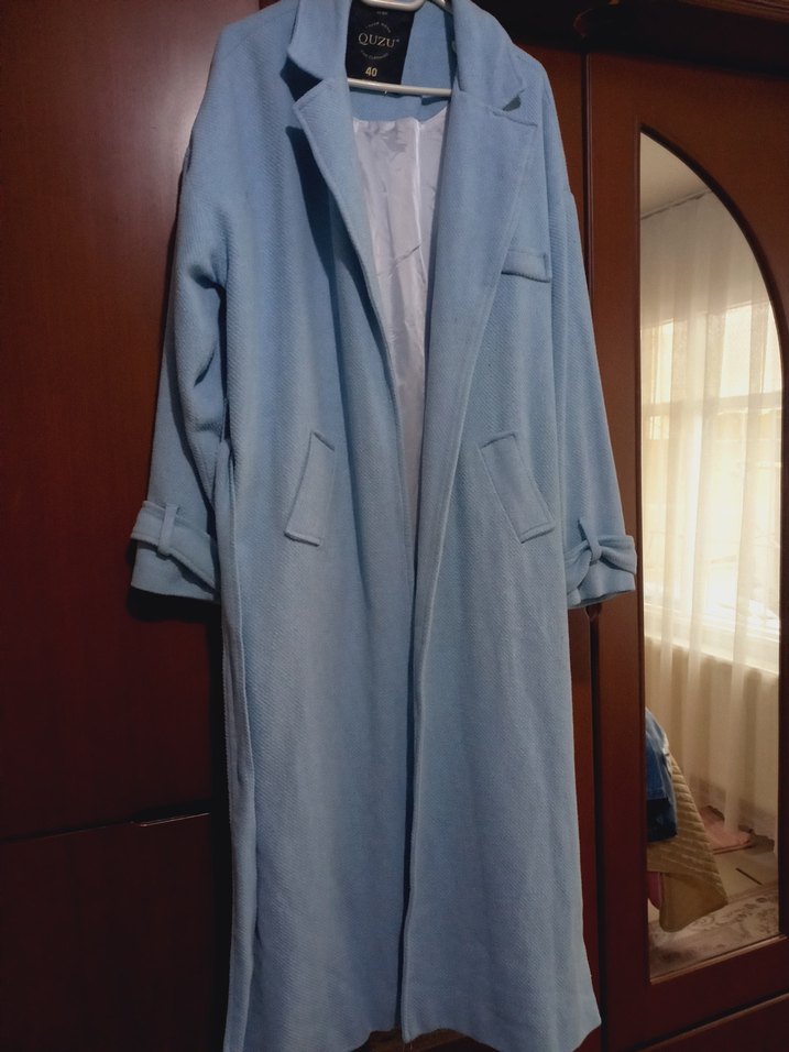 Quzu Mavi Kemerli Kadın Kaban - Görsel 5