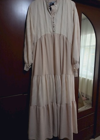 Bej Uzun Keten Elbise Düğmeli V Yaka - Görsel 2