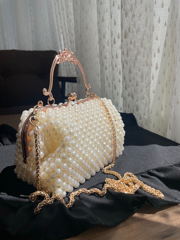 İnci İşlemeli Beyaz Örgü Kadın Çanta - Görsel 2