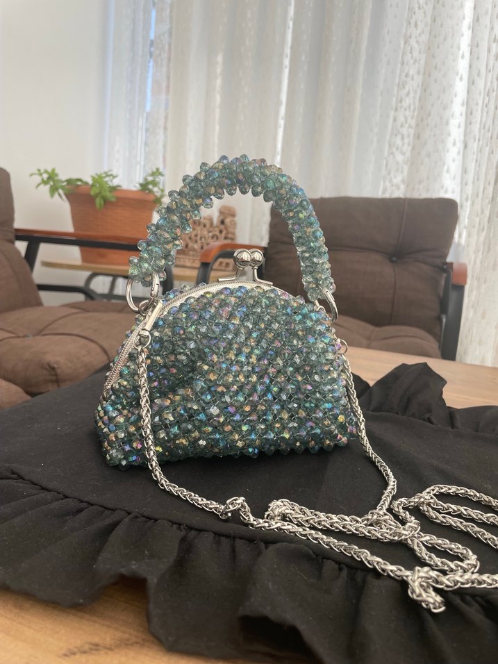 Boncuk İşlemeli Turkuaz Örgü Kadın Çanta - Görsel 3