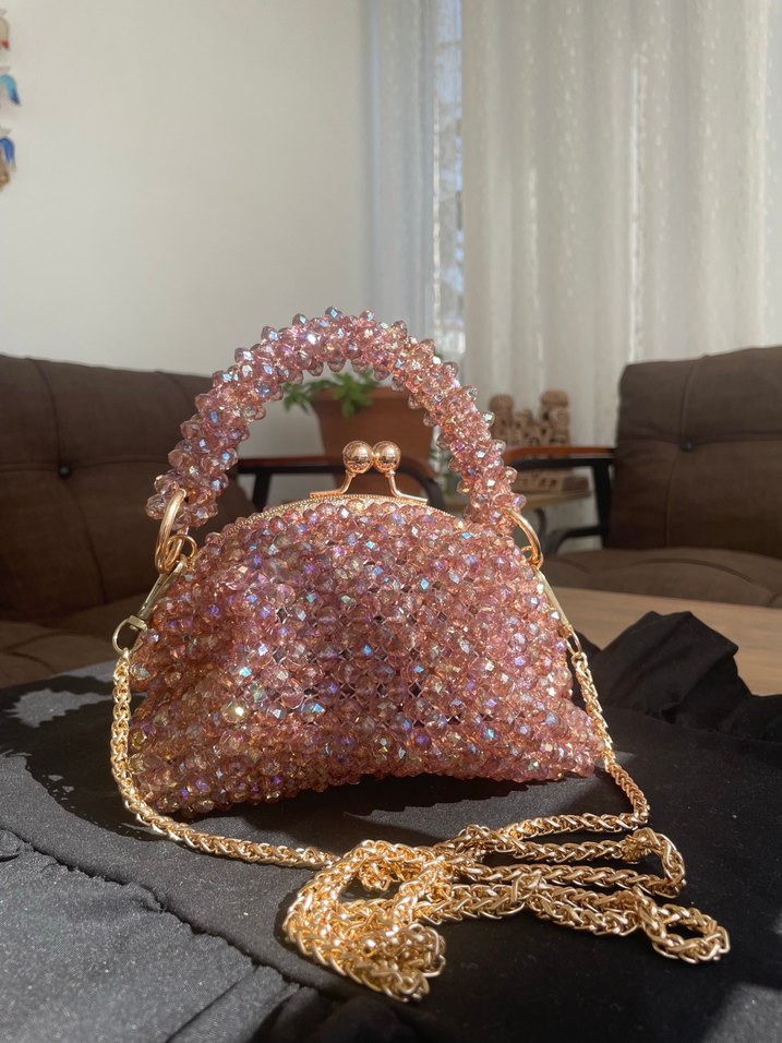 Boncuk İşlemeli Pembe Örgü Kadın Çanta - Görsel 2