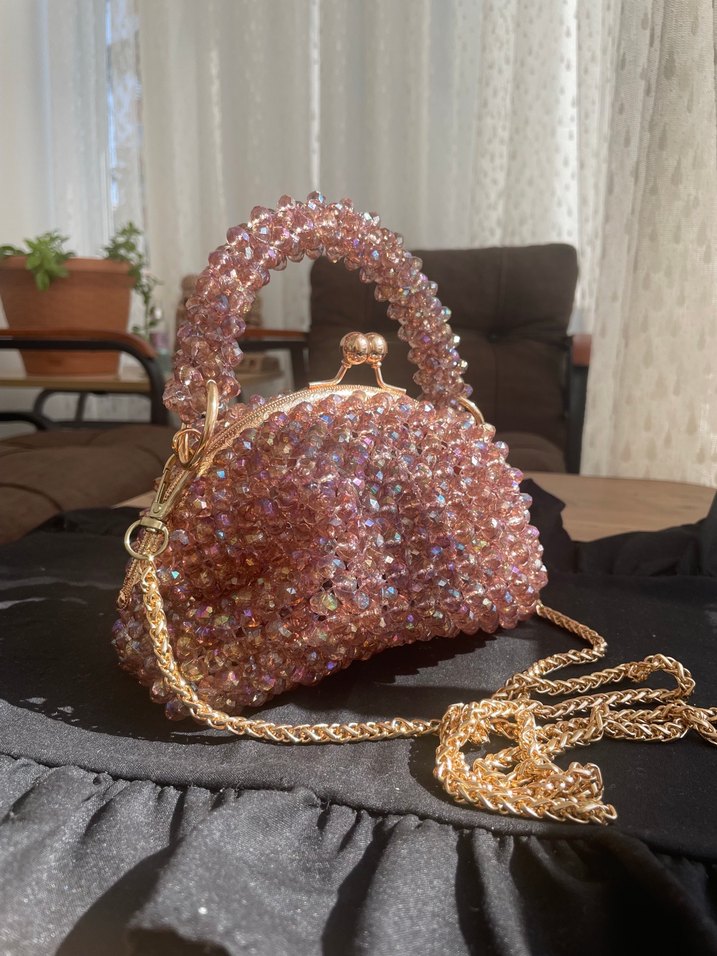 Boncuk İşlemeli Pembe Örgü Kadın Çanta - Görsel 3