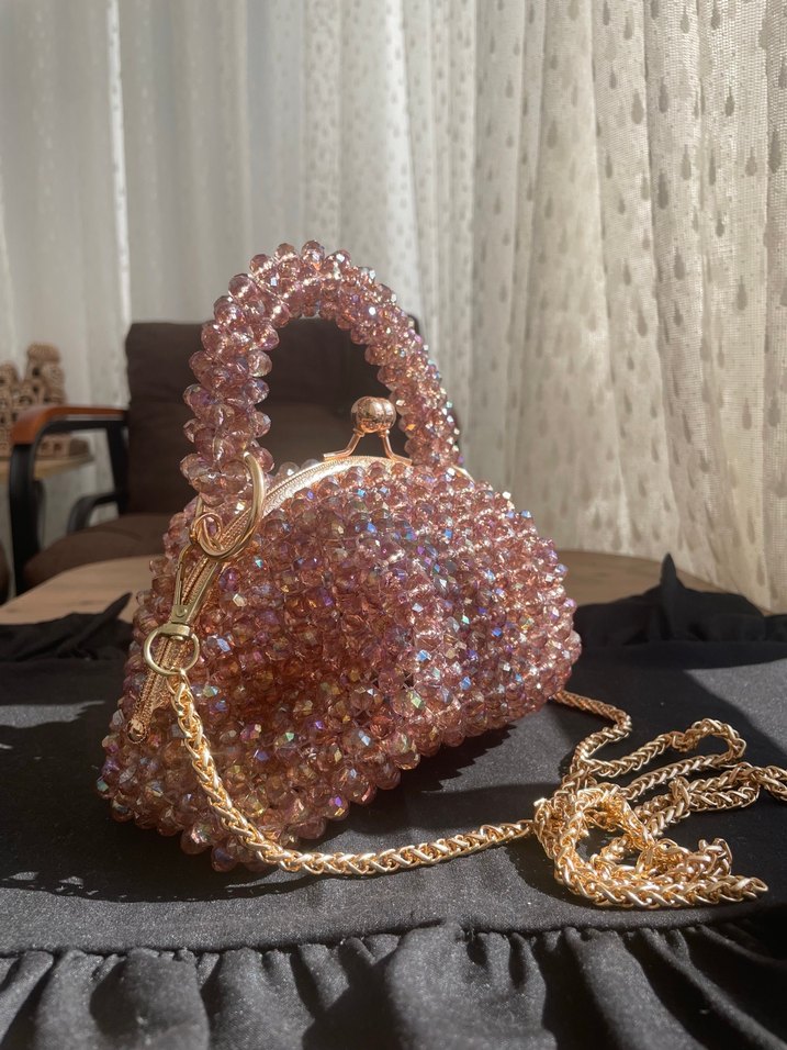 Boncuk İşlemeli Pembe Örgü Kadın Çanta - Görsel 4