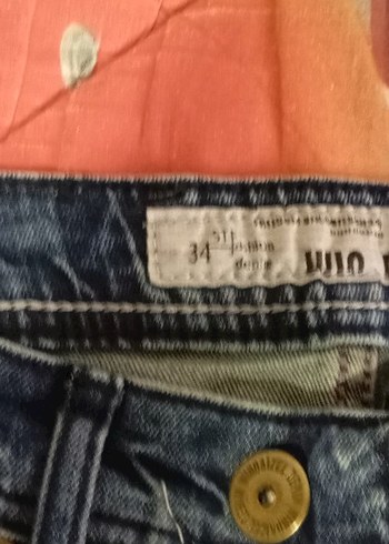 Düğmeli, Baskılı Mavi Kot Pantolon