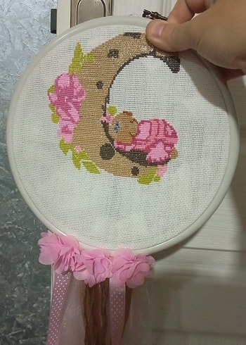 Pembe Nakışlı Bebek Temalı Dekoratif Duvar Süsü el işleme - Görsel 2