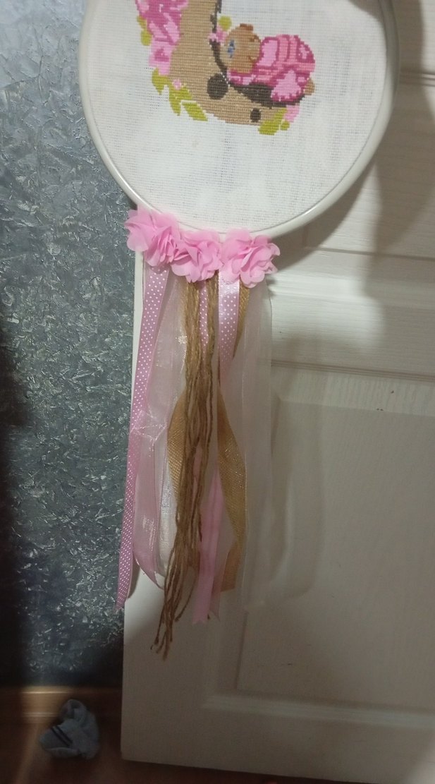 Pembe Nakışlı Bebek Temalı Dekoratif Duvar Süsü el işleme - Görsel 3