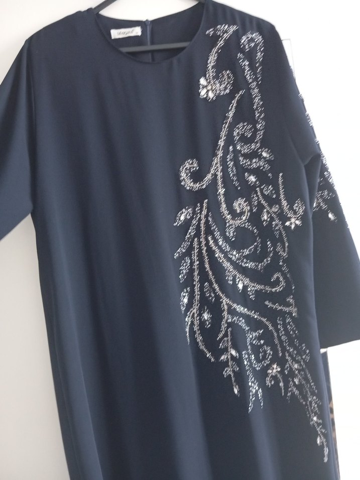 Nakışlı Lacivert Uzun Kollu abiye Elbise - Görsel 2