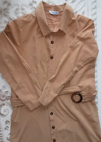 Bej Kemerli Uzun Keten gömlek - Görsel 2