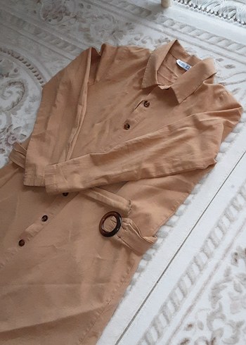 Bej Kemerli Uzun Keten gömlek - Görsel 4