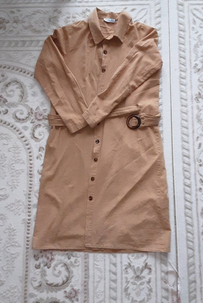 Bej Kemerli Uzun Keten gömlek - Görsel 3