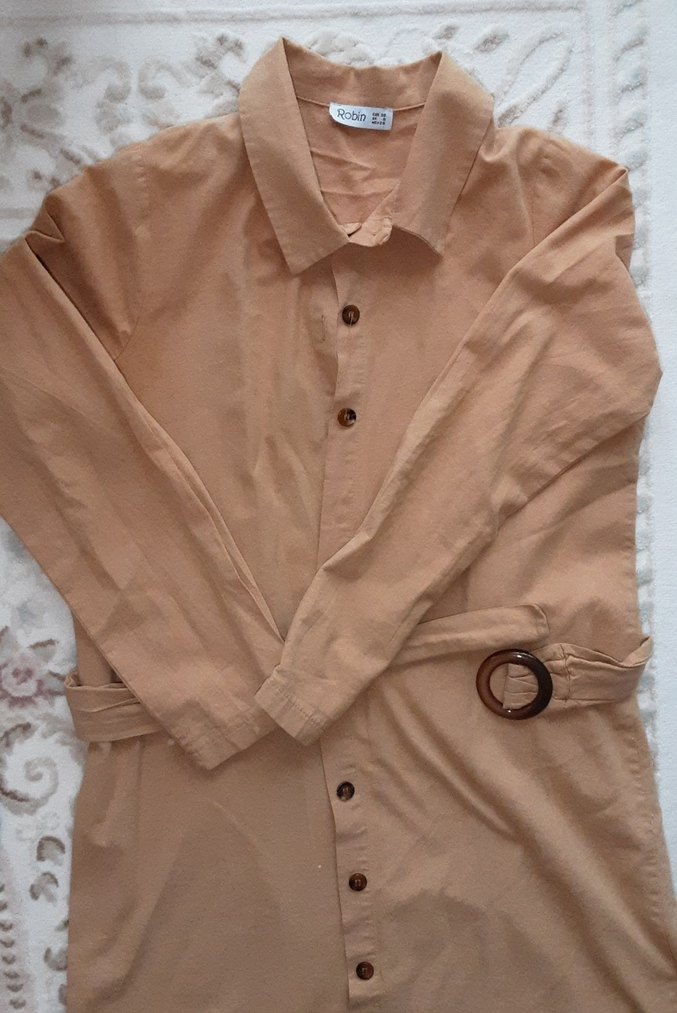 Bej Kemerli Uzun Keten gömlek - Görsel 2