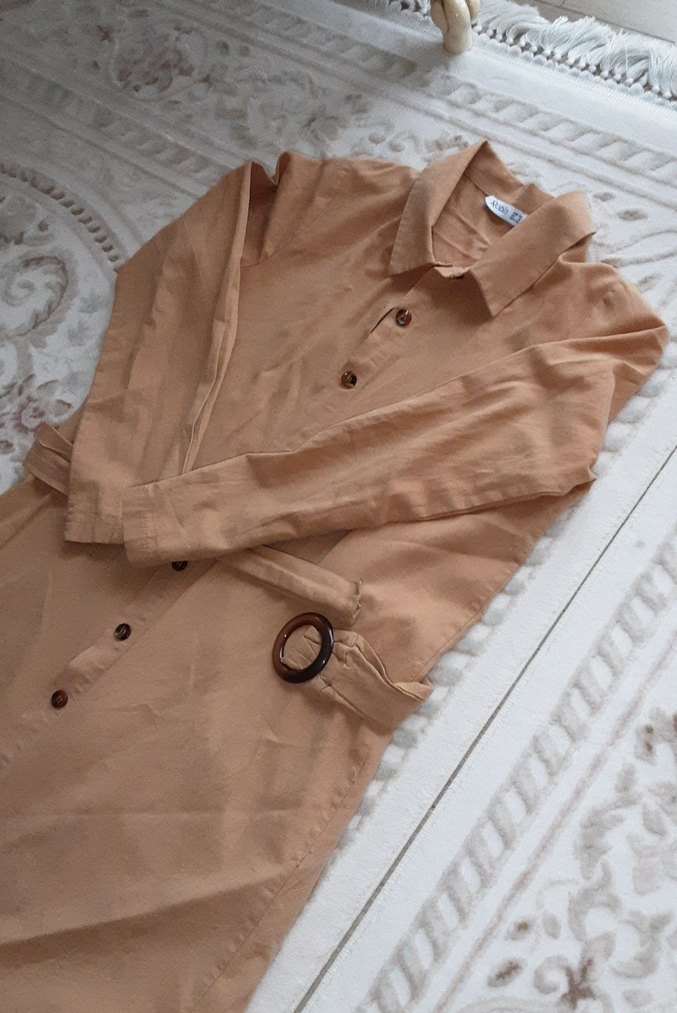 Bej Kemerli Uzun Keten gömlek - Görsel 4