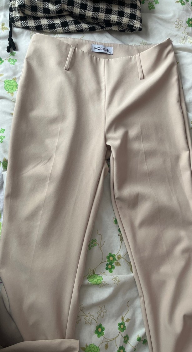 Bej-tozpembe  Midi Kumaş Kadın Pantolon - Görsel 4