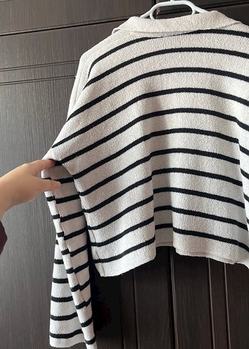 Çizgili Yakalı Kadın Triko Kazak - Görsel 4