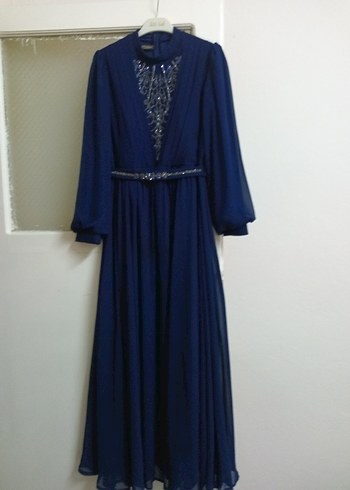 Lacivert Uzun Kollu Drapeli Abiye Elbise - Görsel 3