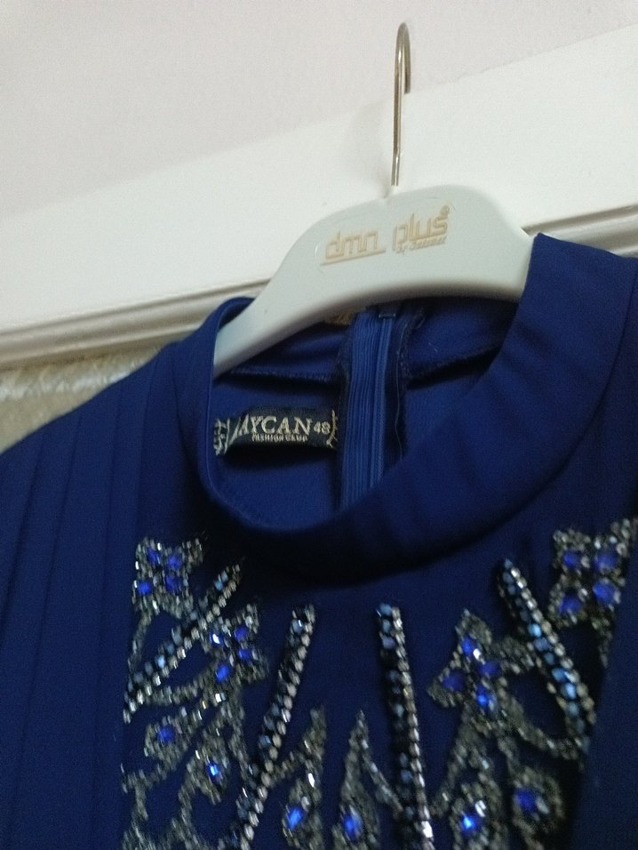 Lacivert Uzun Kollu Drapeli Abiye Elbise - Görsel 2