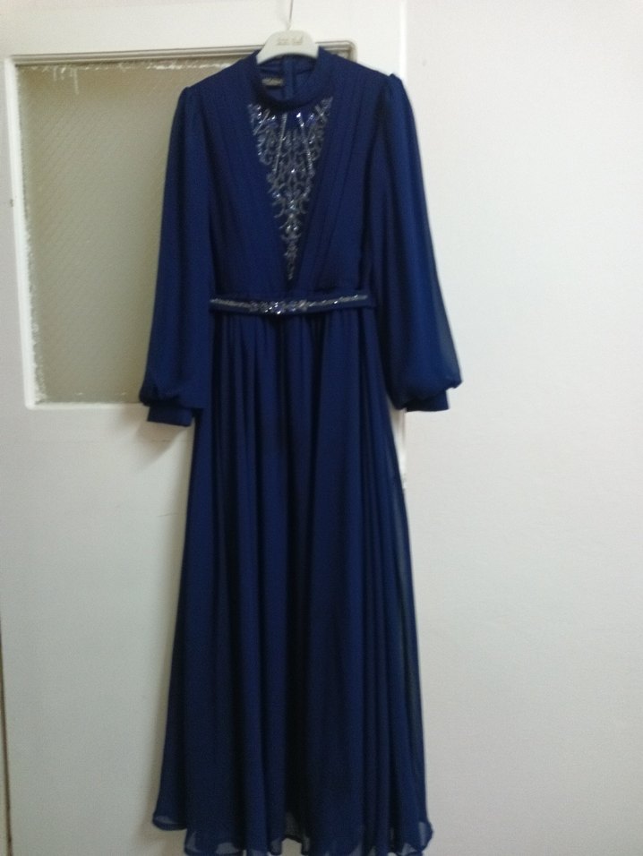 Lacivert Uzun Kollu Drapeli Abiye Elbise - Görsel 3