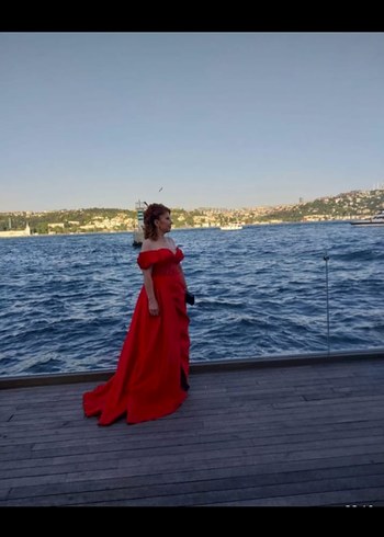 Koton Kırmızı Drapeli Uzun Abiye Elbise