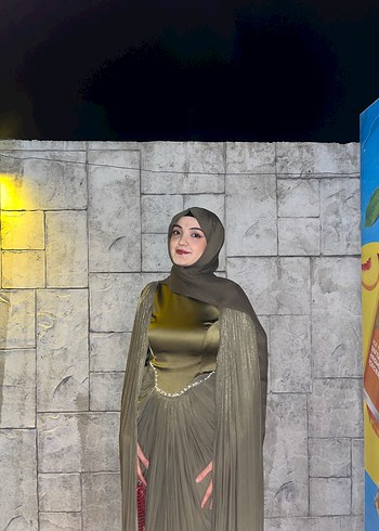 Kadın Haki Uzun Drapeli Abiye Elbise - Görsel 3