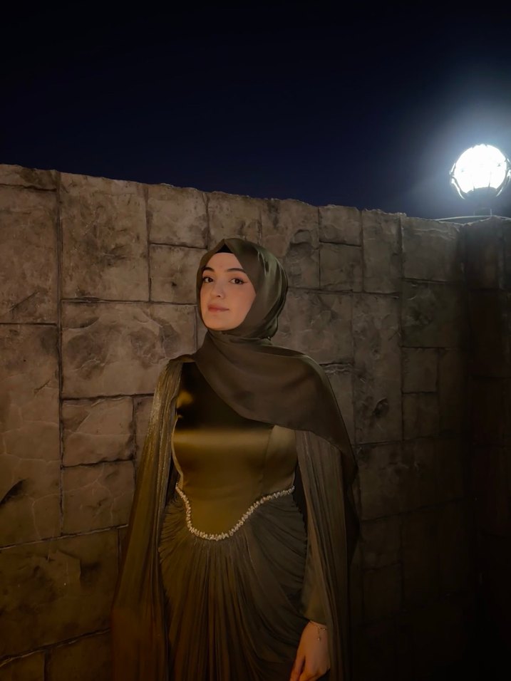 Kadın Haki Uzun Drapeli Abiye Elbise - Görsel 2