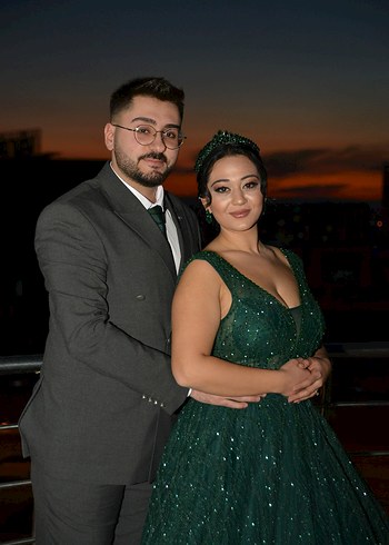 42 Beden Işıltılı Yeşil Nakışlı Uzun Abiye Elbise nişanlık