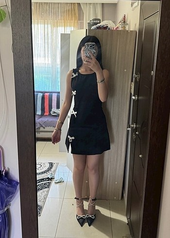 xs Beden siyah Renk Holly Lolly Siyah Kurdele Detaylı Mini Elbise
