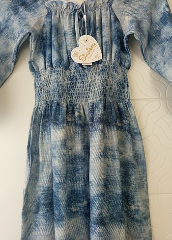 Kız Çocuk Mavi Batik Desenli Bohem Elbise