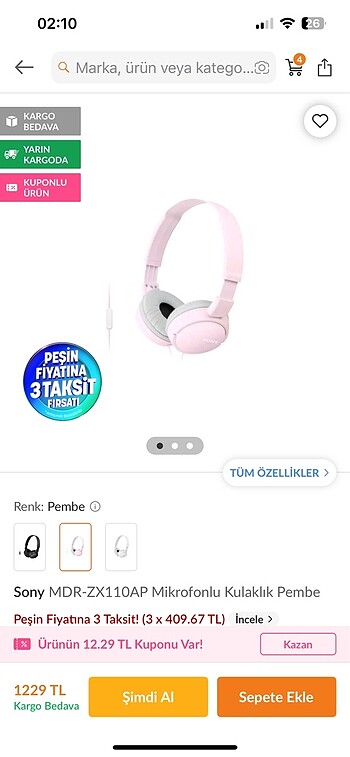 Sony kablolu mikrofonlu kulaklık